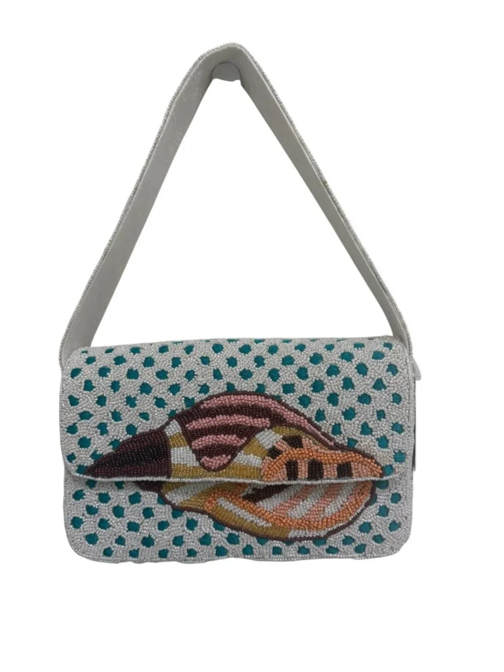 Made in India Conch Seashell White and Blue Polka Dot Beaded Bag NWT